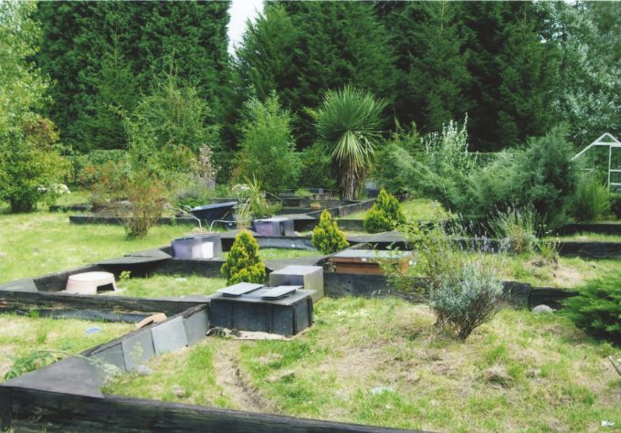 Fig. 1. The enclosures, showing a variety of shelters and the triangular corner barriers to deter escapees. Note the trench in the foreground as a refuge from the wind.
