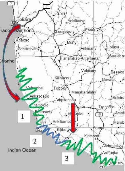 Zone 1 and 3 marked in green represent the regions which support moderate populations of radiated tortoises, while zone 2 in blue shows areas where tortoises were recorded in low numbers. The red arrows represent the trade routes of poachers from Toliara (north) and Ampanihy (north east).